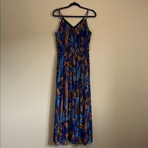 Sleeveless Blue & Orange Floral Maxi Dress